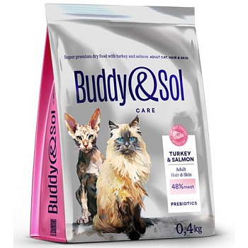 BUDDY SOL CARE ADULT HAIR & SKIN сухой корм для взрослых кошек для здоровья кожи и шерсти с индейкой и лососем 400г купить 