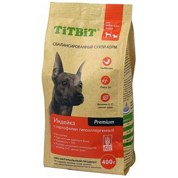Титбит корм сухой гипоаллергенный для собак всех пород Индейка с картофелем 400гр купить 