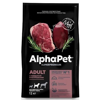ALPHAPET SUPERPREMIUM ADULT сухой корм для взрослых собак средних пород с говядиной и потрошками 12кг купить 