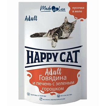 Happy Cat пауч для кошек кусочки в желе Говядина и печень с горохом 24х100г купить 