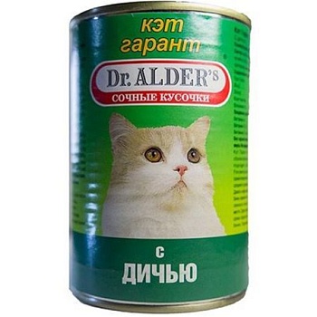 Dr. ALDER`S Кэт Гарант консервы для кошек Сочные кусочки в соусе Дичь 415г купить 