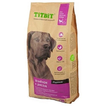 Титбит корм сухой для собак крупных пород ягненок с рисом 13кг купить 
