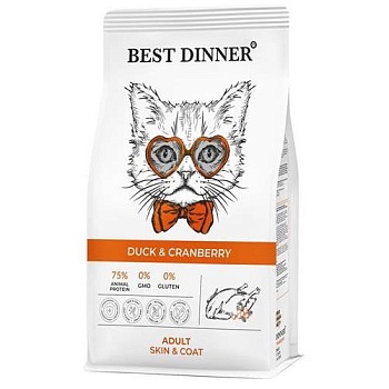 BEST DINNER ADULT DUCK & CRANBERRY сухой корм для взрослых кошек для ухода за кожей и шерстью с уткой и клюквой 1,5кг купить 