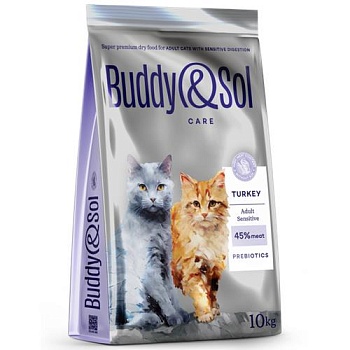 BUDDY SOL CARE ADULT SENSITIVE сухой корм для взрослых кошек с чувствительным пищеварением с индейкой 10кг купить 