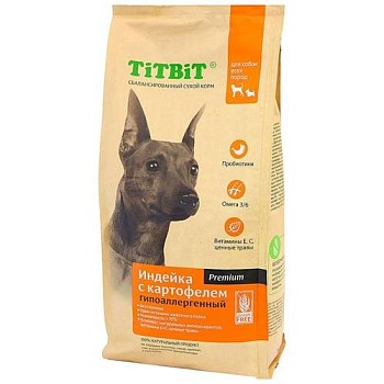 Титбит корм сухой гипоаллергенный для собак всех пород Индейка с картофелем 13кг купить 