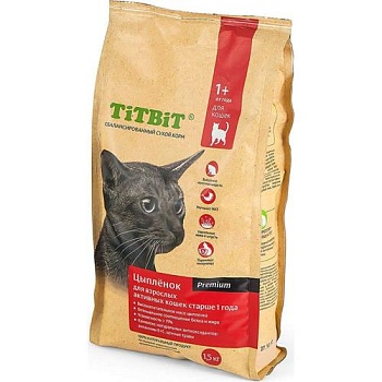 Титбит корм сухой для взрослых активных кошек от 1 до 7 лет с мясом Цыпленка 1,5кг купить 