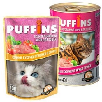 Puffins консервы для кошек Ягненок в соусе 24х100г купить 