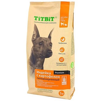Титбит корм сухой гипоаллергенный для собак всех пород Индейка с картофелем 3кг купить 