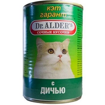 Dr. ALDER`S Кэт Гарант консервы для кошек Сочные кусочки в соусе Дичь 24х415г купить 