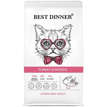 Best Dinner Sterilised Корм сухой для кастрированных и стерилизованных кошек с Индейкой и картофелем 10кг купить 