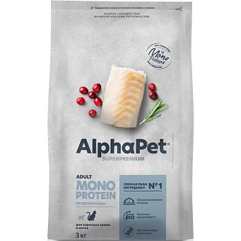 AlphaPet SUPERPREMIUM MONOPROTEIN сухой корм для взрослых кошек из белой рыбы 3кг купить 