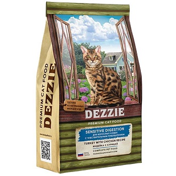 DEZZIE Sensitive Digestion Cat Сухой корм для взрослых кошек с чувствительным пищеварением, Курица с Индейка 10кг купить 