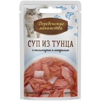 ДЕРЕВЕНСКИЕ ЛАКОМСТВА суп для кошек из тунца с кальмаром и макрелью 15х35г купить 