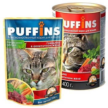 Puffins консервы для кошек Говядина в желе 415г купить 