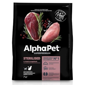 AlphaPet SUPERPREMIUM STERILISED сухой корм для взрослых стерилизованных кошек и котов с уткой и индейкой 7кг купить 