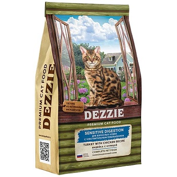 DEZZIE Sensitive Digestion Cat Сухой корм для взрослых кошек с чувствительным пищеварением, Курица с Индейка 400г купить 