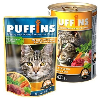 Puffins консервы для кошек Мясное ассорти в желе 20х415гр купить 