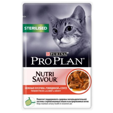 Pro Plan Nutri Savour Adult Консервы для Стерилизованных Кошек Говядина в Соусе 26х85гр купить  зоотовары для животных
