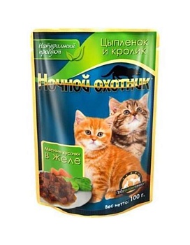 Ночной Охотник для Котят Цыпленок и Кролик Пауч 24х100г купить  зоотовары для животных