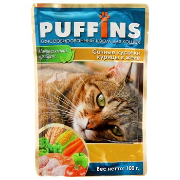 Puffins консервы для кошек Курица в желе 24х100гр купить 