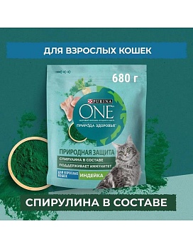 PURINA ONE Природа Здоровья сухой корм для взрослых кошек, с высоким содержанием индейки и спирулиной 680г купить  зоотовары для животных