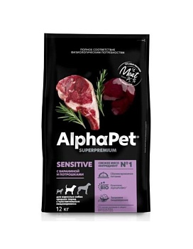 ALPHAPET SUPERPREMIUM сухой корм для взрослых собак средних пород с чувствительным пищеварением с бараниной и потрошками 12кг купить  зоотовары для животных