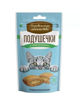 ДЕРЕВЕНСКИЕ ЛАКОМСТВА лакомство для кошек подушечки с пюре из курицы 30г купить  зоотовары для животных