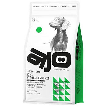 AJO Dog Mini Hypoallergenic Сухой полнорационный корм с гречкой для взрослых собак миниатюрных и малых пород, склонных к аллергиям 2кг купить 