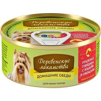 Деревенские лакомства "Домашние обеды" Консервы для собак мини пород Рубленая говядина с языком и овощами 5х100г купить 