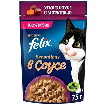 Felix Sensations пауч консервы в удивительном соусе для кошек, утка с морковью 26х75г купить 