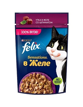 Felix Sensations пауч консервы для кошек, с уткой в желе со шпинатом 26х75г купить  зоотовары для животных