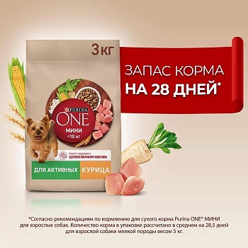 PURINA ONE МИНИ 3 кг сухой корм для взрослых собак мелких пород, с высоким содержанием курицы и с рисом 1х4  {12554140} купить 