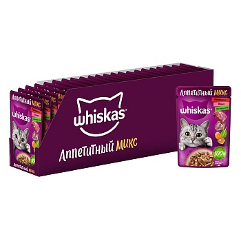 Whiskas для кошек Аппетитный микс прошутто Говядина и Язык с Овощами в желе 28х75г купить 