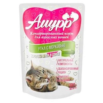 АМУРР 100г Консервы для кошек кусочки мяса в соусе утка с морковью пауч 24х100г купить 