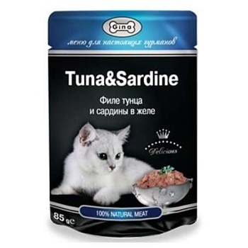 ДЖИНА TUNA & SARDINE консервы для кошек филе тунца и сардины в желе 24х85г купить 