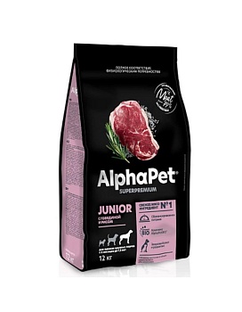 ALPHAPET SUPERPREMIUM сухой корм для щенков крупных пород с 6 месяцев до 1,5 лет с говядиной и рисом 12кг купить  зоотовары для животных