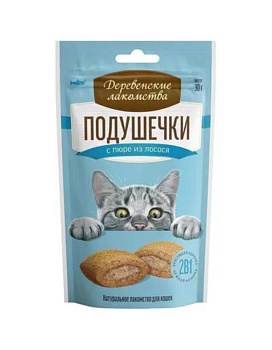 ДЕРЕВЕНСКИЕ ЛАКОМСТВА лакомство для кошек подушечки с пюре из лосося 30г купить  зоотовары для животных