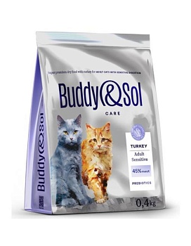 BUDDY SOL CARE ADULT SENSITIVE сухой корм для взрослых кошек с чувствительным пищеварением с индейкой 400г купить  зоотовары для животных