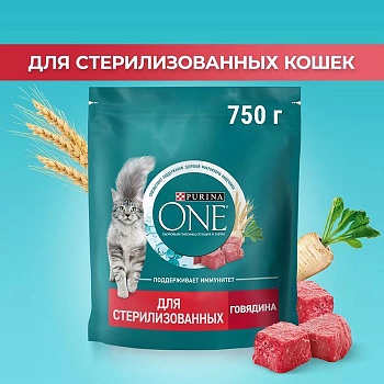 PURINA ONE сухой корм для стерилизованных кошек и кастрированных котов, с высоким содержанием говядины 750г купить 