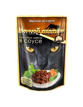Ночной Охотник Консервы для Кошек Мясное Ассорти Кусочки в Соусе 24х100г купить  зоотовары для животных