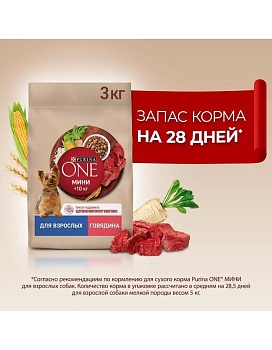 PURINA ONE МИНИ 3 кг сухой корм для взрослых собак мелких пород, с высоким содержанием говядины и с рисом 1х4 {12554099} купить  зоотовары для животных