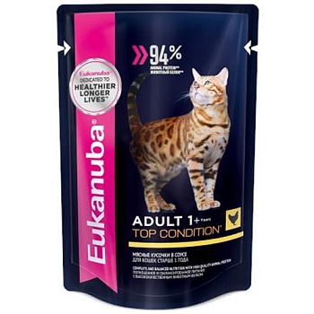 EUKANUBA ADULT TOP CONDITION CHICKEN пауч влажный корм для взрослых кошек, курица в соусе 24х85г купить 