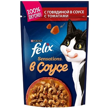 Felix Sensations пауч консервы для кошек, с говядиной в желе с томатами 26х75г купить 