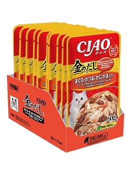 INABA Ciao Kinnodashi пауч для кошек тунец магуро и тунец кацуо с крабом сурими в желе 12х60г купить  зоотовары для животных