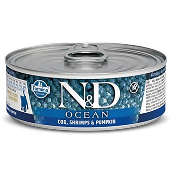 FARMINA N&D OCEAN консервы беззерновые для Котят треска с креветками и тыквой 12х80гр купить 