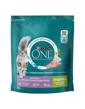 PURINA ONE сухой корм для взрослых кошек с чувствительным пищеварением и разборчивым вкусом в еде, с высоким содержанием индейки 750г купить  зоотовары для животных