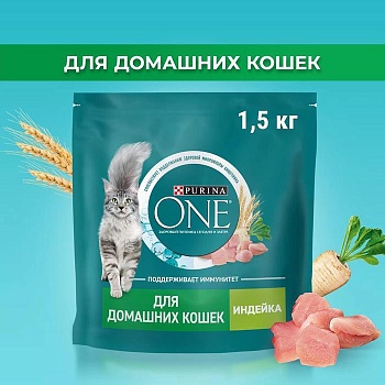 PURINA ONE сухой корм для взрослых кошек, живущих в домашних условиях, с высоким содержанием индейки и цельными злаками 1,5кг купить 