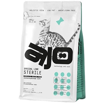 AJO Cat Sterile Сухой полнорационный корм для активных стерилизованных кошек с высоким содержанием белка 400г купить 