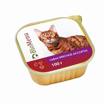 BioMenu Консервы для кошек суфле Мясное ассорти ламистер 15х100г купить 