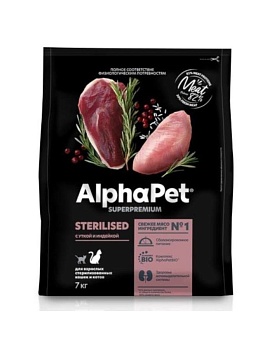 AlphaPet SUPERPREMIUM STERILISED сухой корм для взрослых стерилизованных кошек и котов с уткой и индейкой 7кг купить  зоотовары для животных